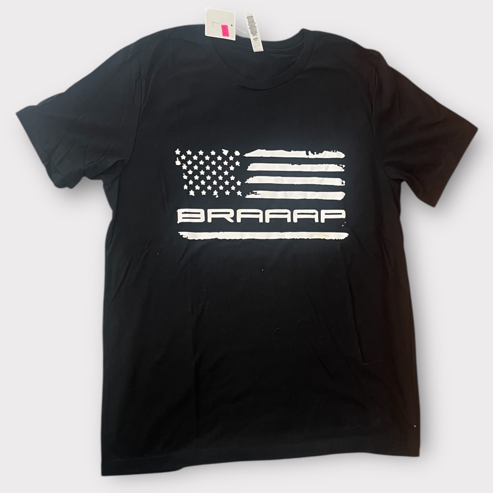 NWT. Black Braaap American Flag Snow Mobile, Dirt Biking Unisex Tshirt